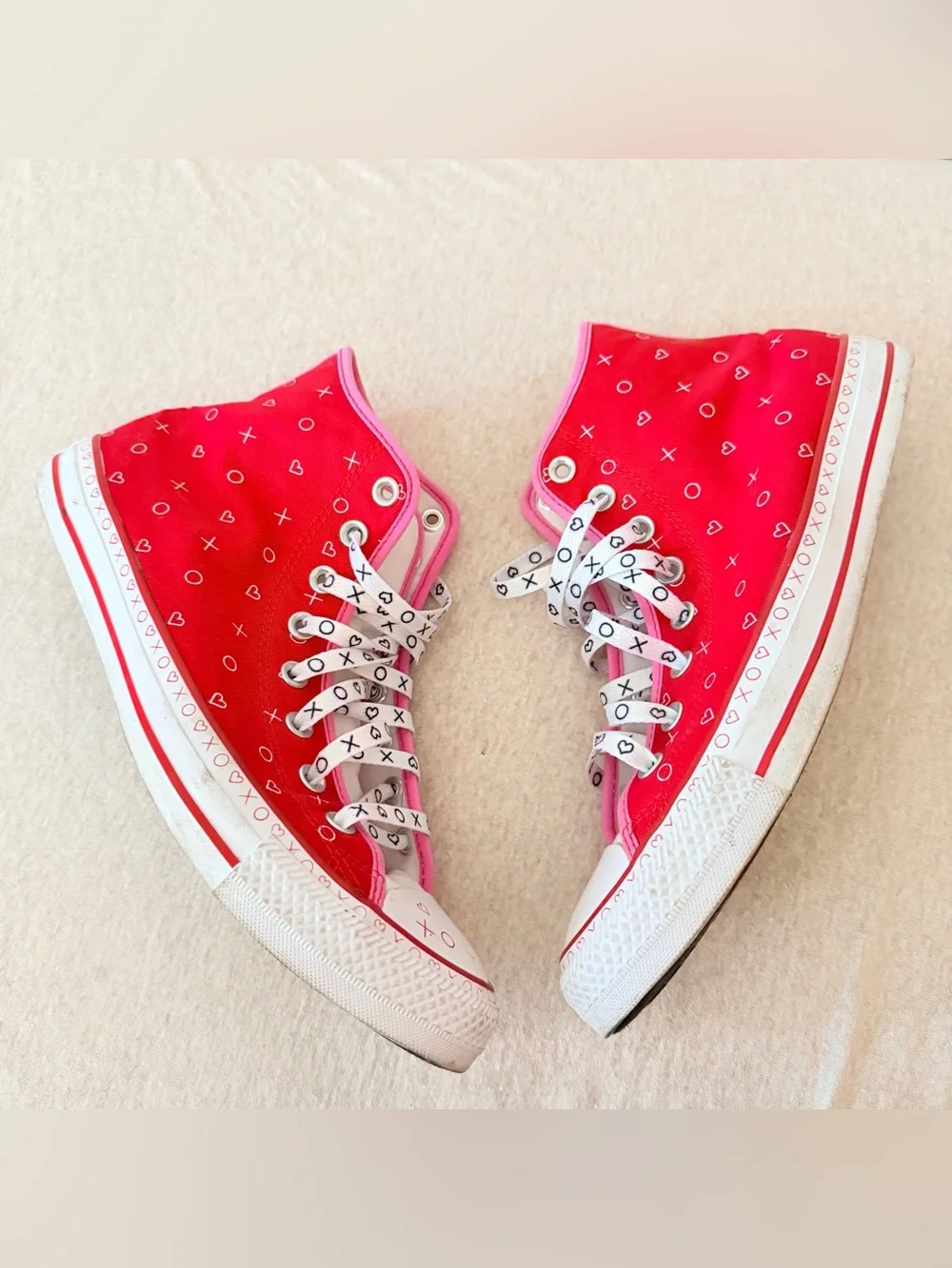 Converse high top half red , half pink “Xoxo” heart print shoes